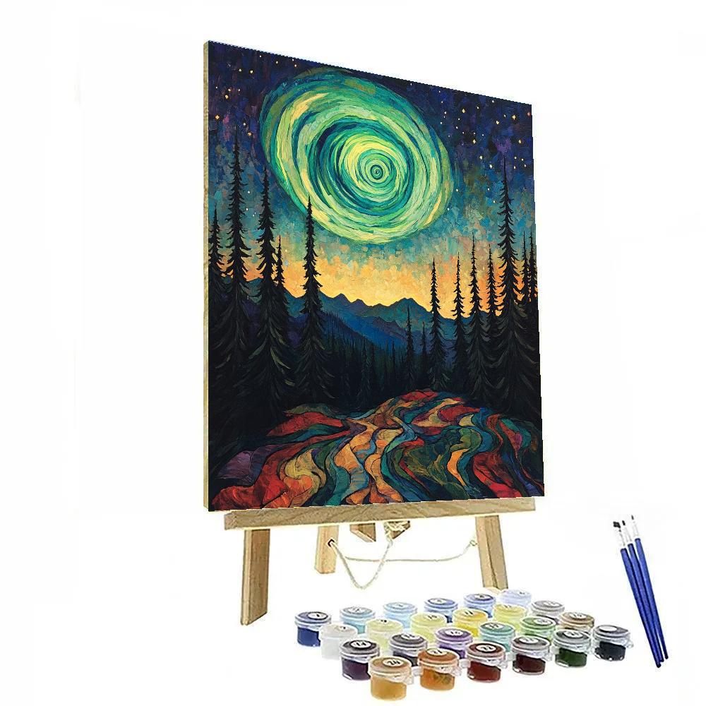 Edvard Munch Inspired Aurora Vortex Above An Enchanted Pine Ridge Painting by numbers kit