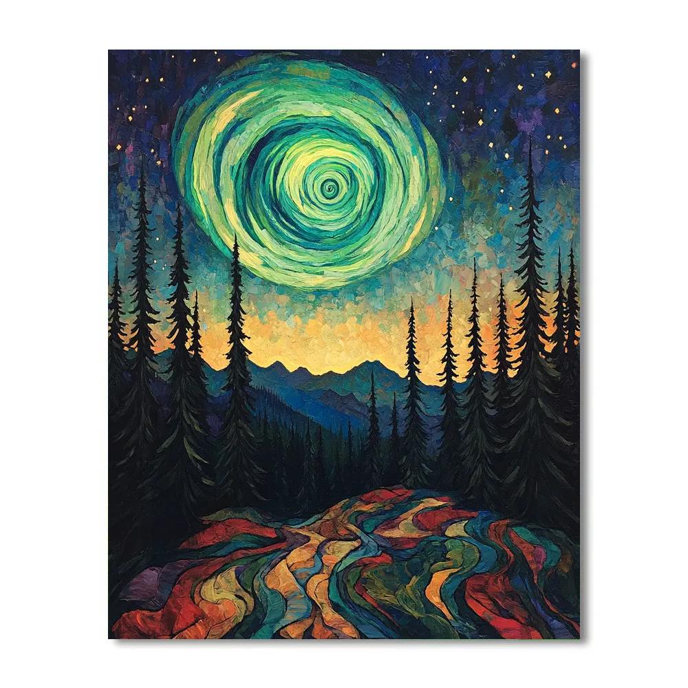 Edvard Munch Inspired Aurora Vortex Above An Enchanted Pine Ridge Painting by numbers kit