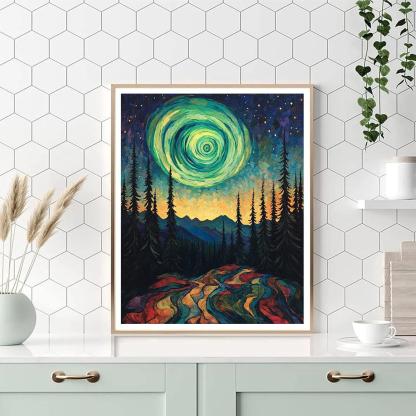 Edvard Munch Inspired Aurora Vortex Above An Enchanted Pine Ridge Painting by numbers kit