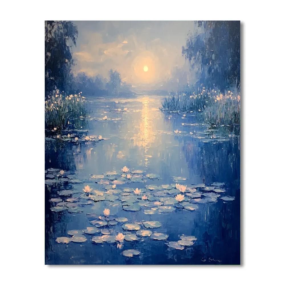 Claude Monet Inspired Lunar Halo Over Frosted Water Garden Paint by numbers art