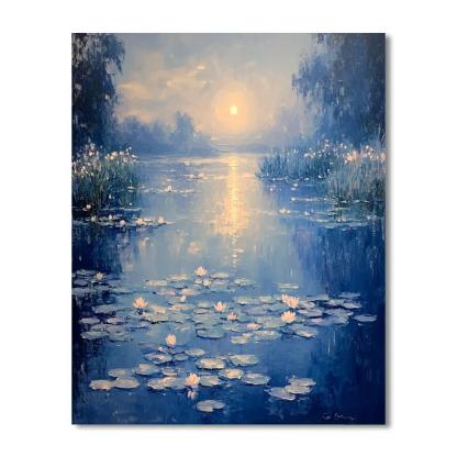Claude Monet Inspired Lunar Halo Over Frosted Water Garden Paint by numbers art