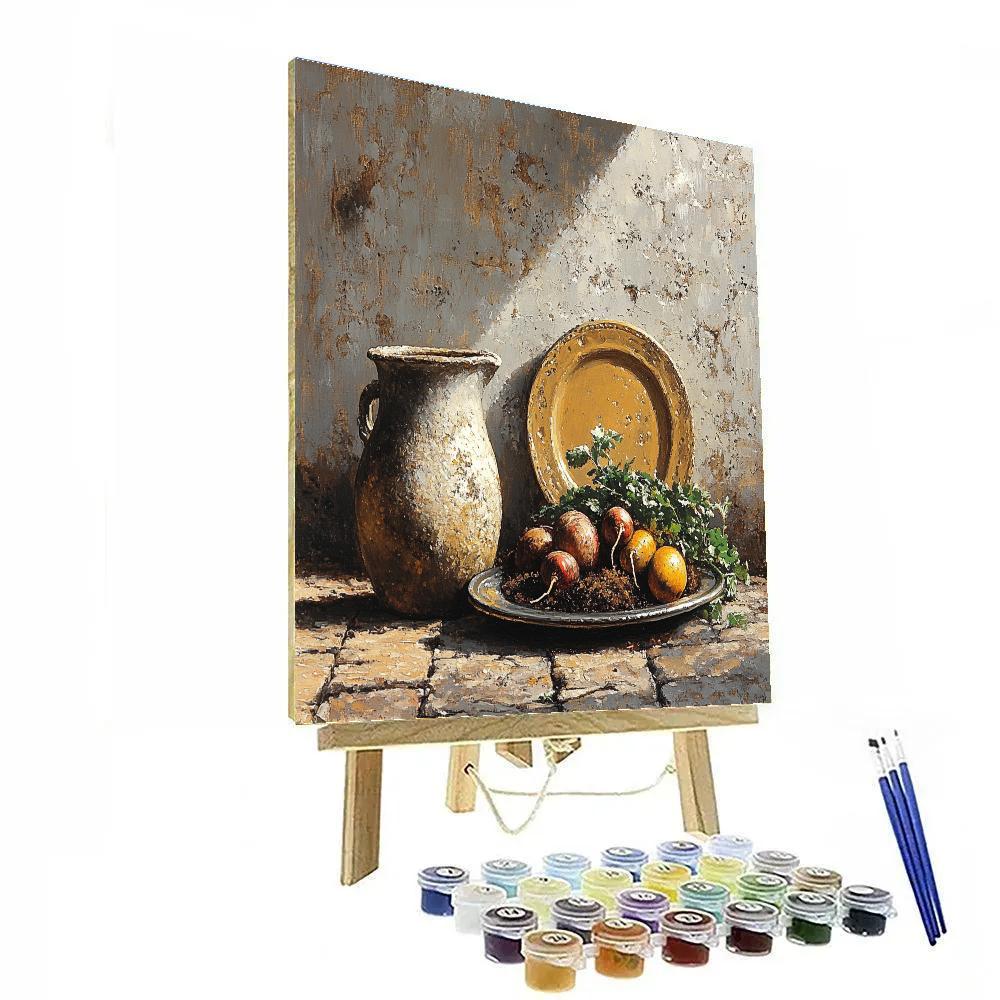 Diego Velázquez Inspired Market Still Life Of Root Vegetables And Stoneware Under Overcast Courtyard Light Paint by numbers kits