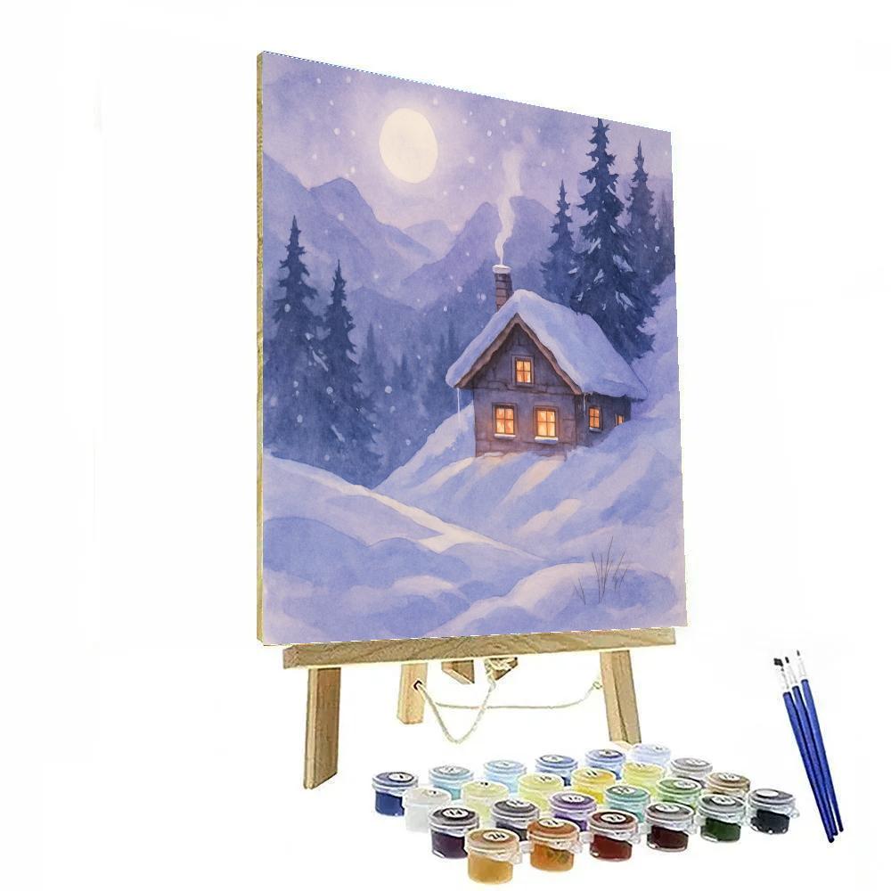 Moonlit Chalet Beneath Silent Falling Snow paint by number