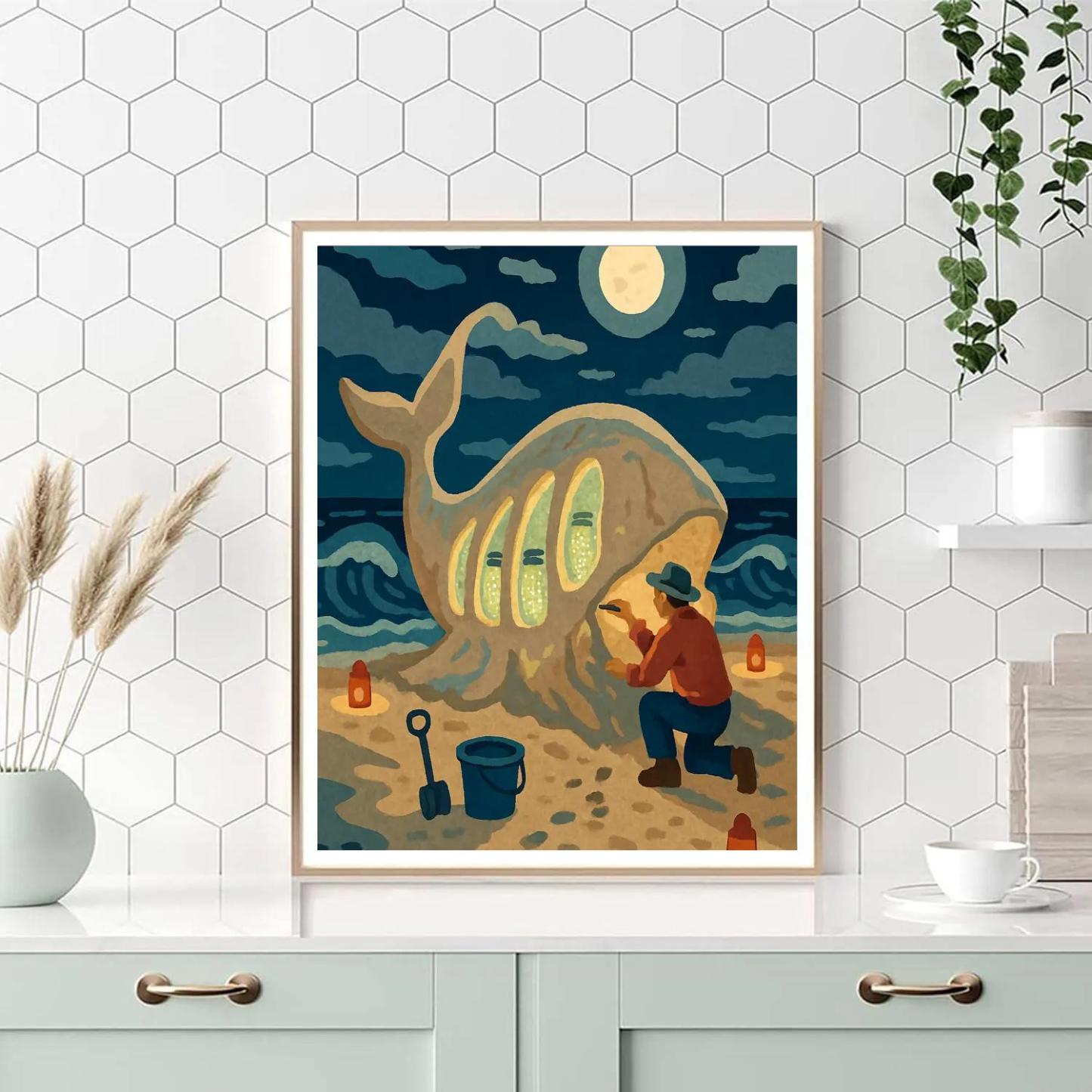 Moonlit Sand Sculpture, Beach Crafted Number painting