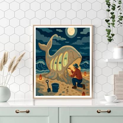 Moonlit Sand Sculpture, Beach Crafted Number painting