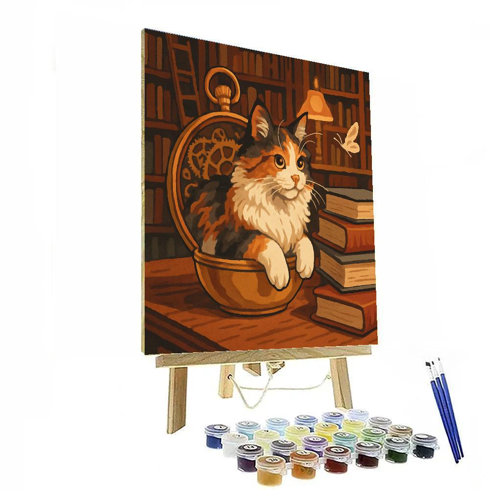 Clockwork Library With Cat Interior paint by number