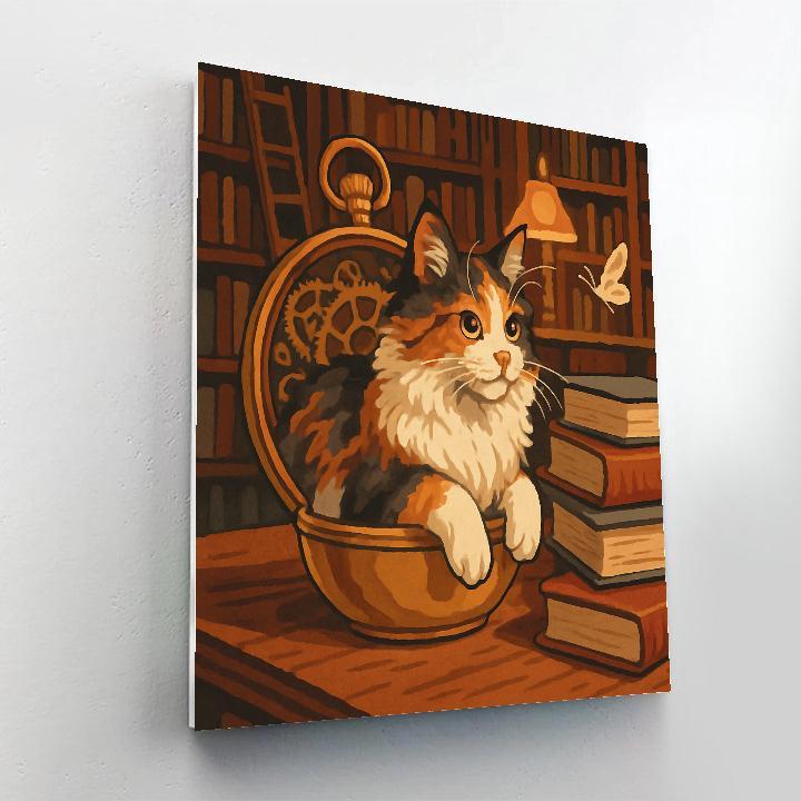 Clockwork Library With Cat Interior paint by number