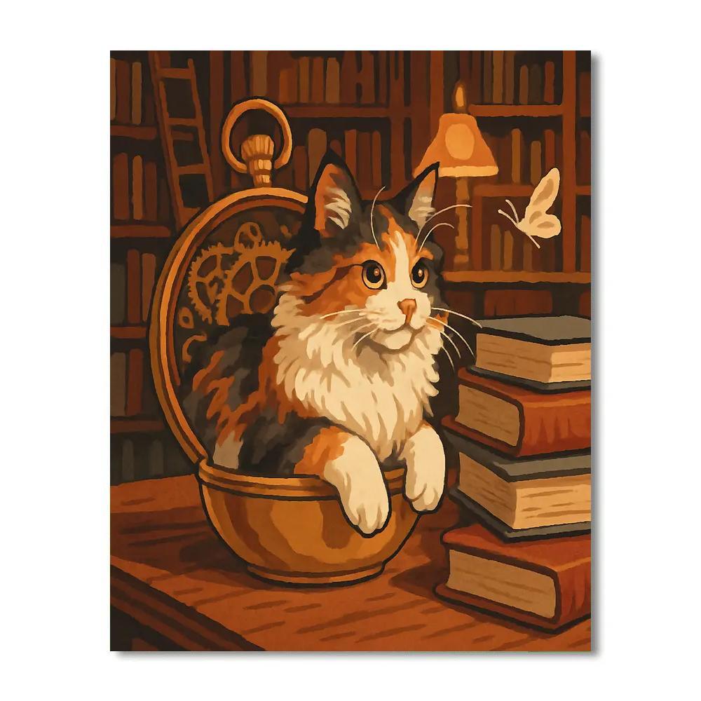 Clockwork Library With Cat Interior paint by number
