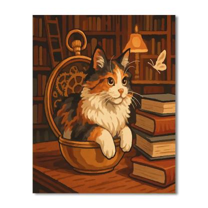 Clockwork Library With Cat Interior paint by number