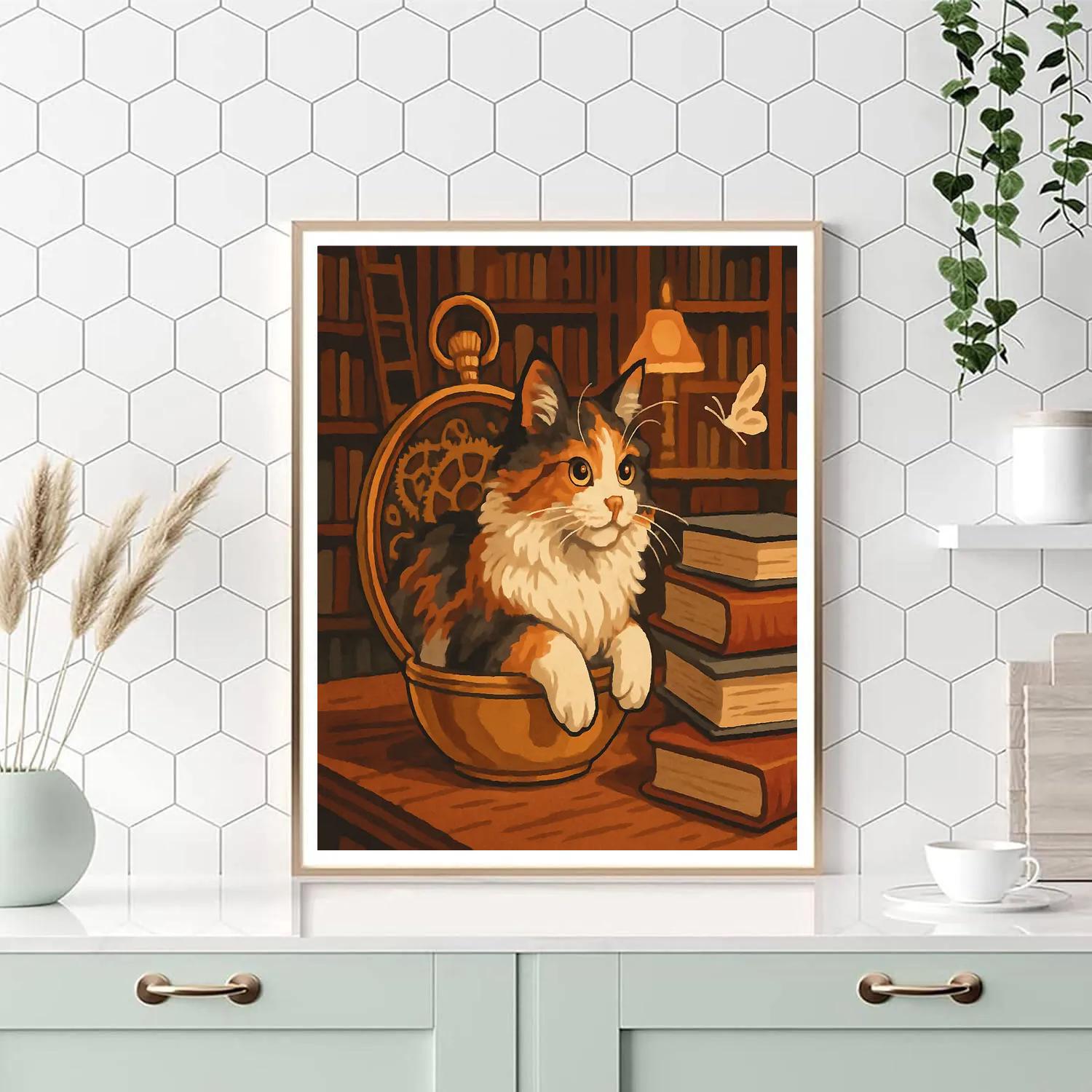 Clockwork Library With Cat Interior paint by number