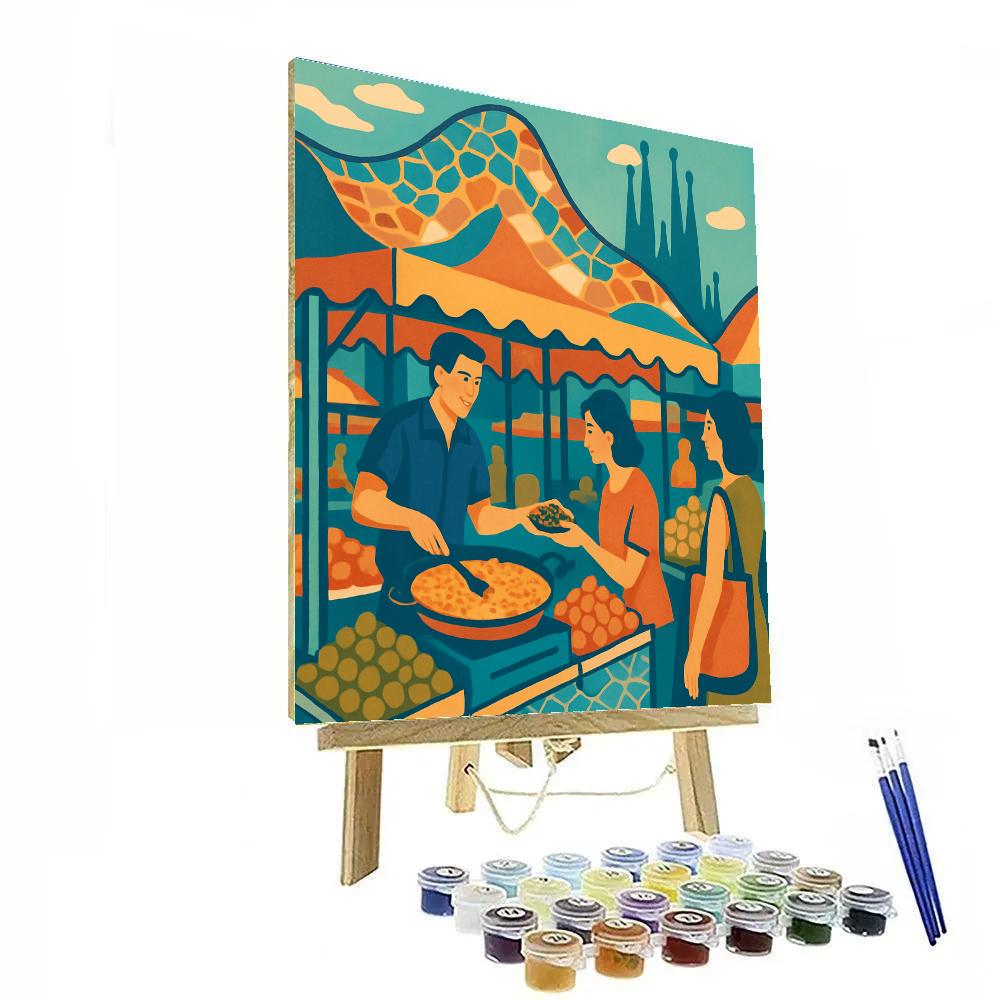 Market Day In Spain With Floating Gaudi Rooflines Painting by numbers kit