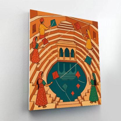 Stepwell Reflections With India Kite Festival paint by color