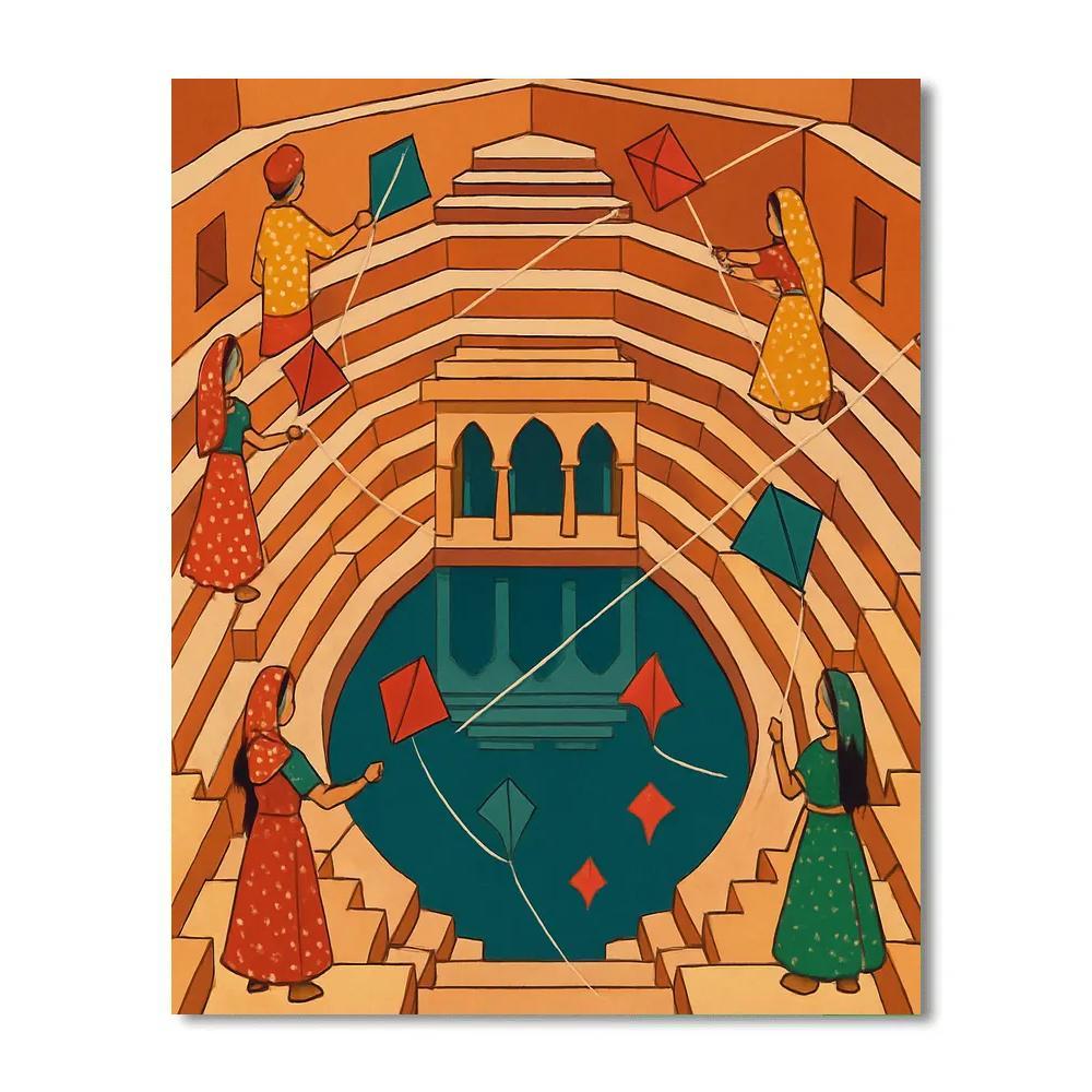 Stepwell Reflections With India Kite Festival paint by color