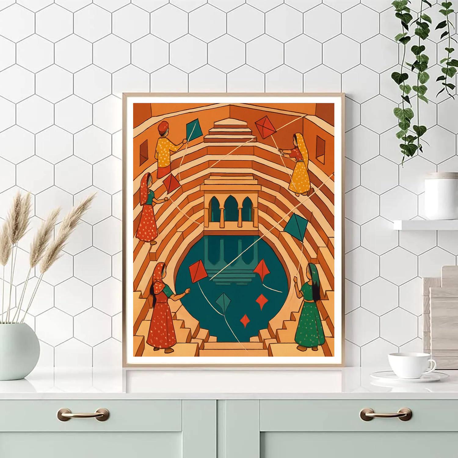 Stepwell Reflections With India Kite Festival paint by color