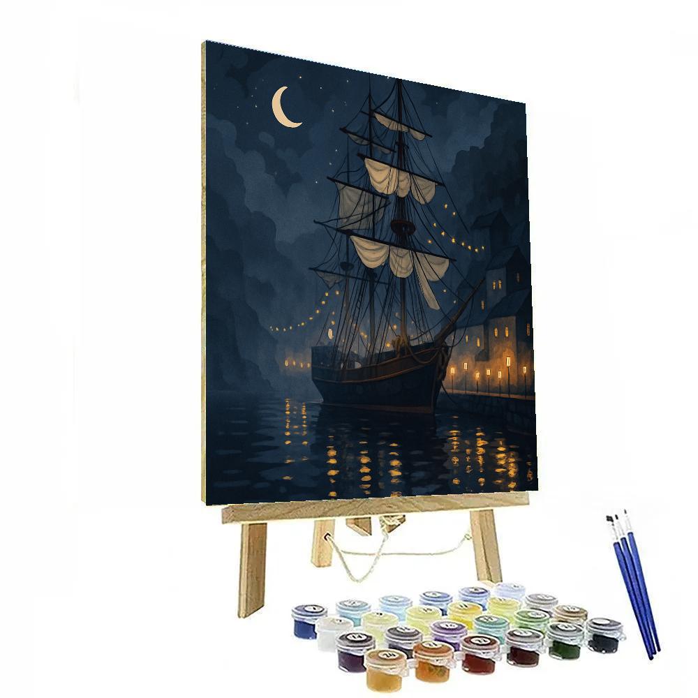 Lanternlit Harbor With Ship Silhouette Paint by numbers art