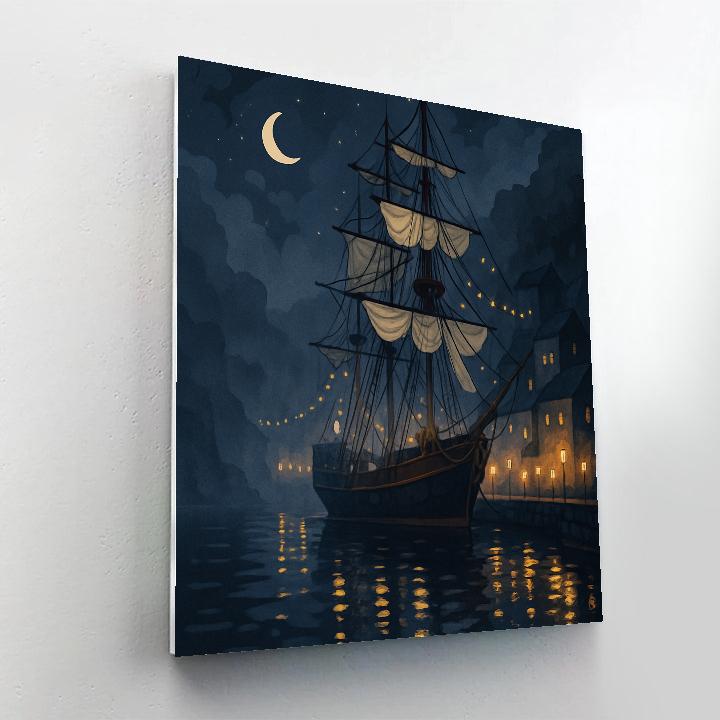 Lanternlit Harbor With Ship Silhouette Paint by numbers art