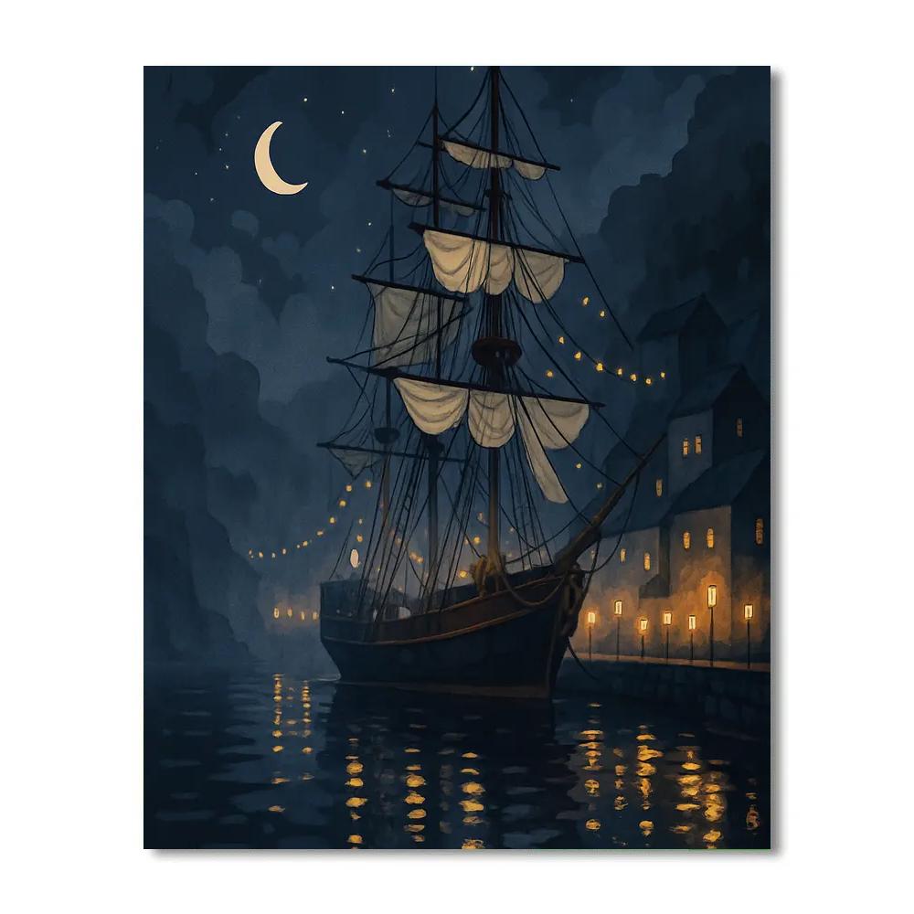 Lanternlit Harbor With Ship Silhouette Paint by numbers art