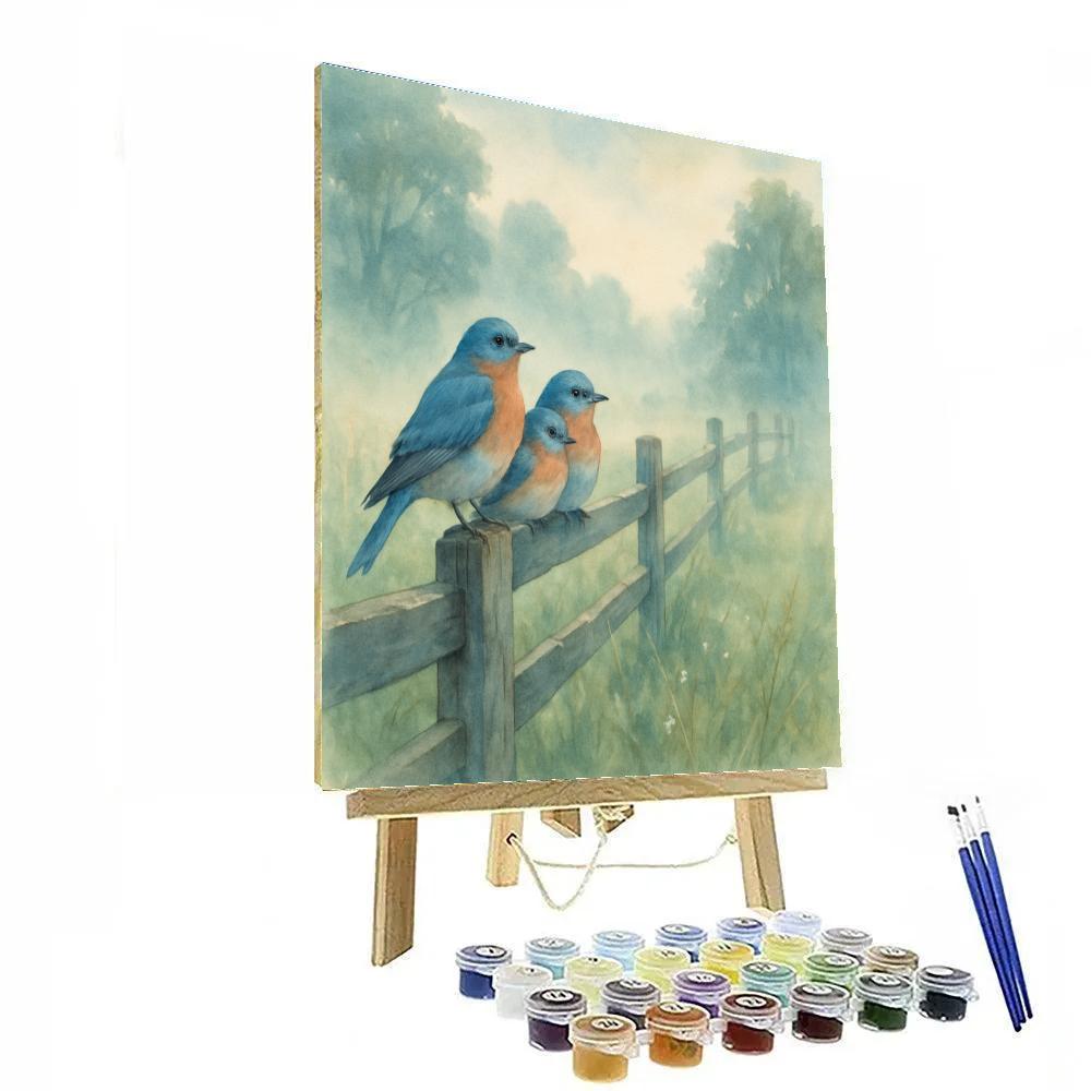 Bluebirds Along The Misty Rail Fence paint by number