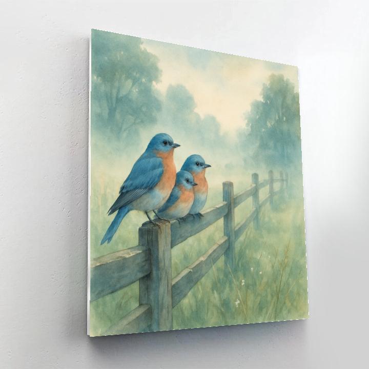 Bluebirds Along The Misty Rail Fence paint by number