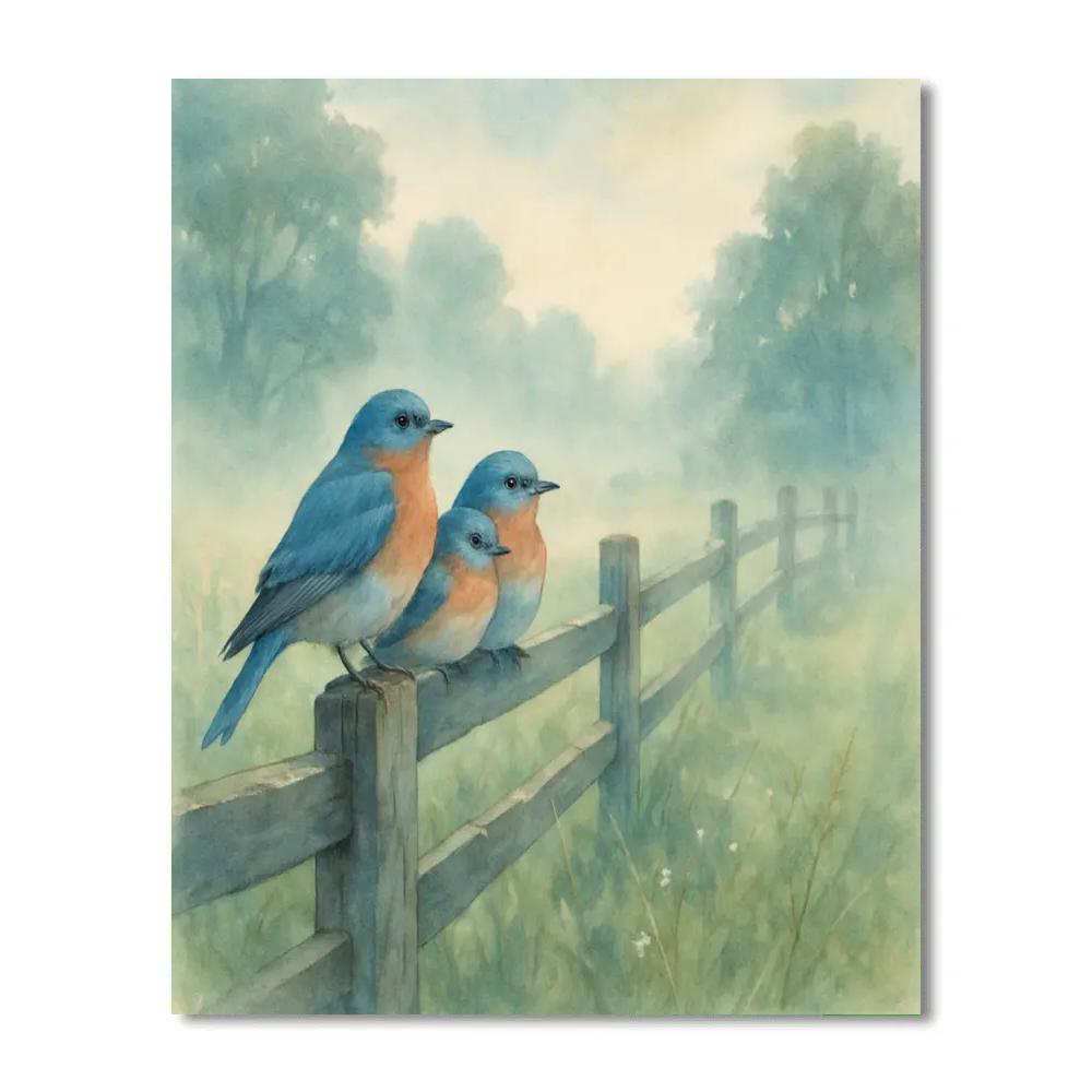 Bluebirds Along The Misty Rail Fence paint by number