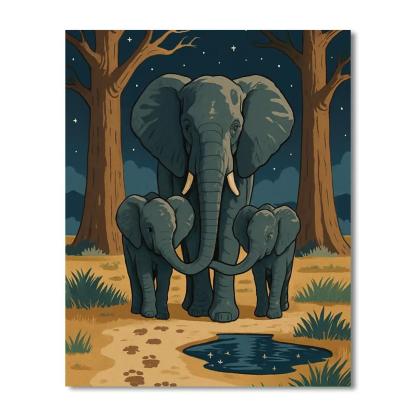 Moonlit Baobab Crossing With Elephant Silhouettes DIY paint by numbers