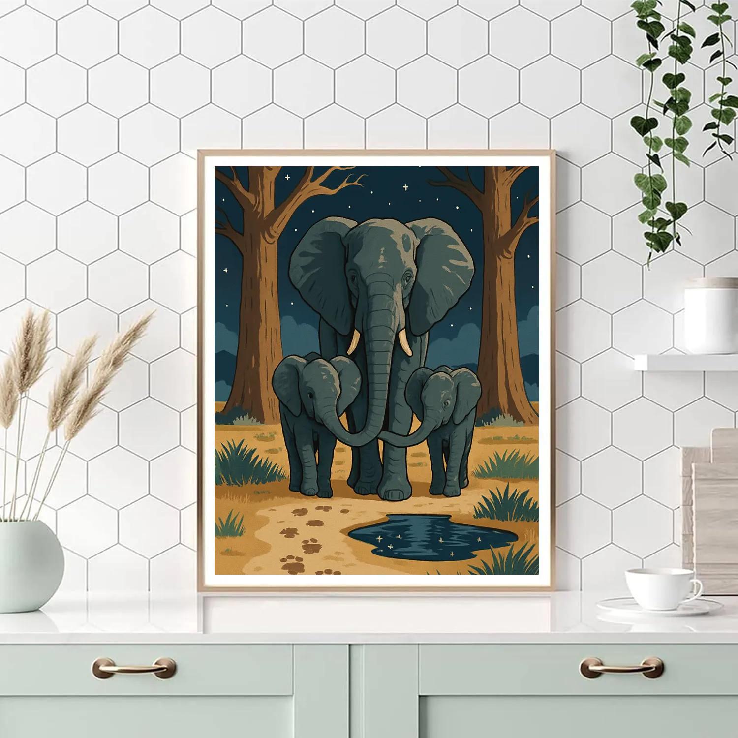 Moonlit Baobab Crossing With Elephant Silhouettes DIY paint by numbers