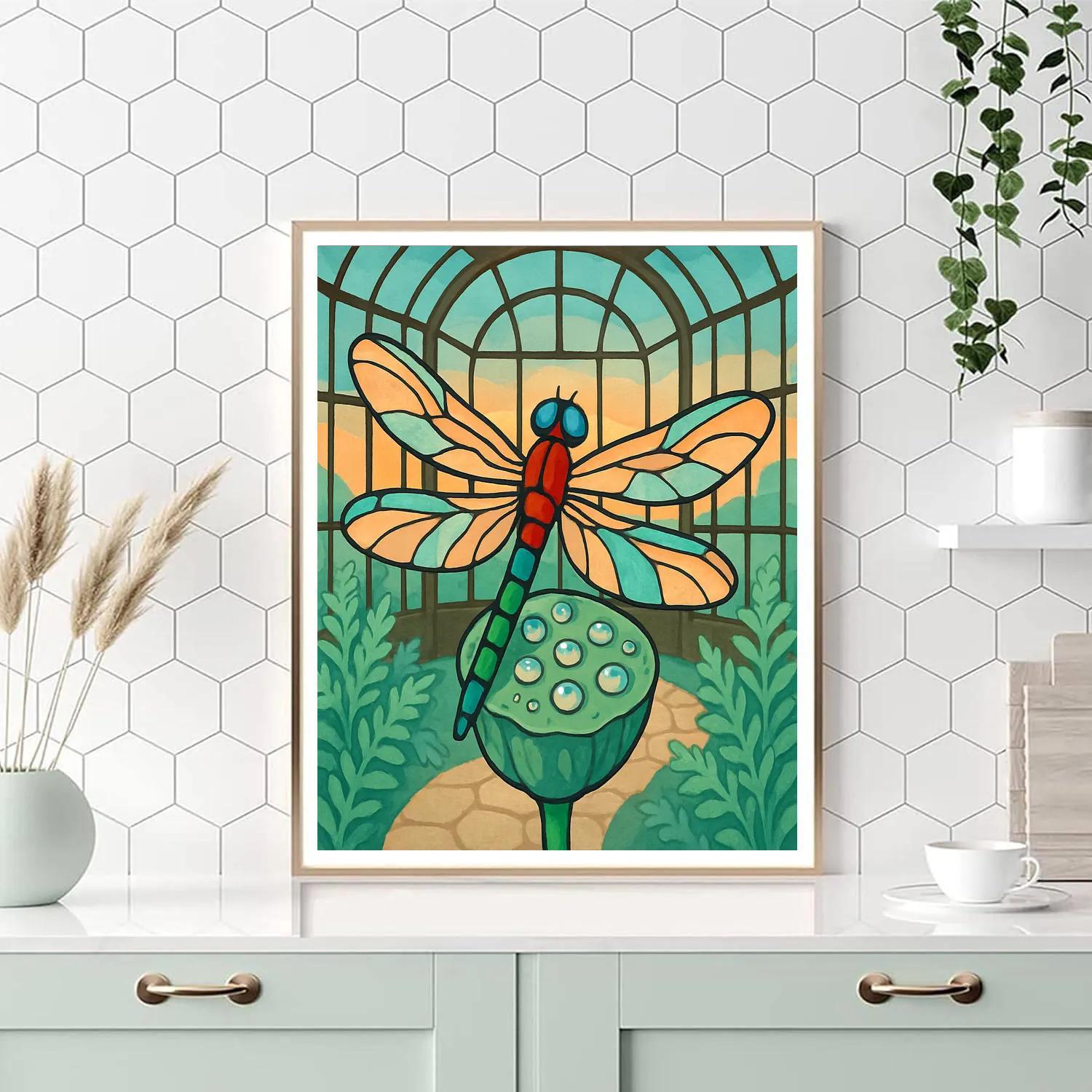 Glasswing Pavilion With Dragonfly Focus Numbered painting kits