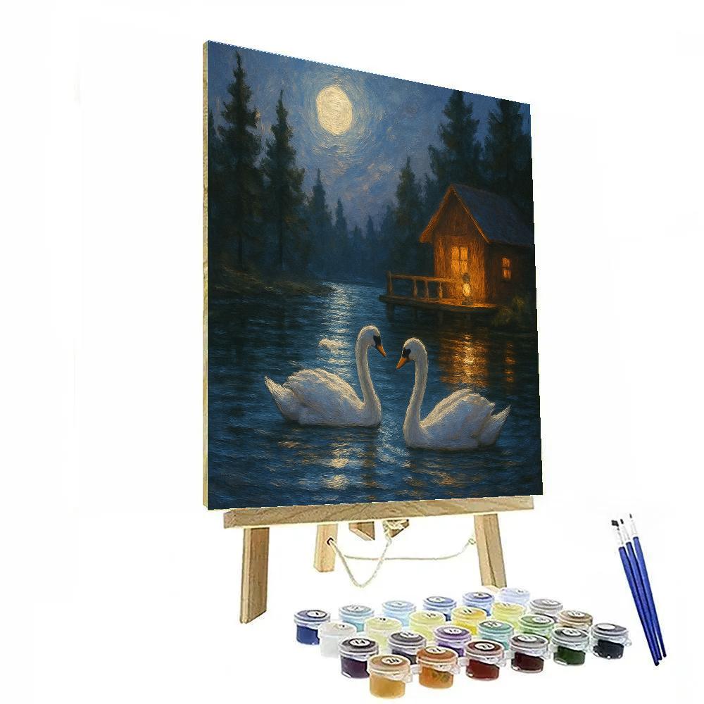 Swans On The Lantern Lit Lake paint by number