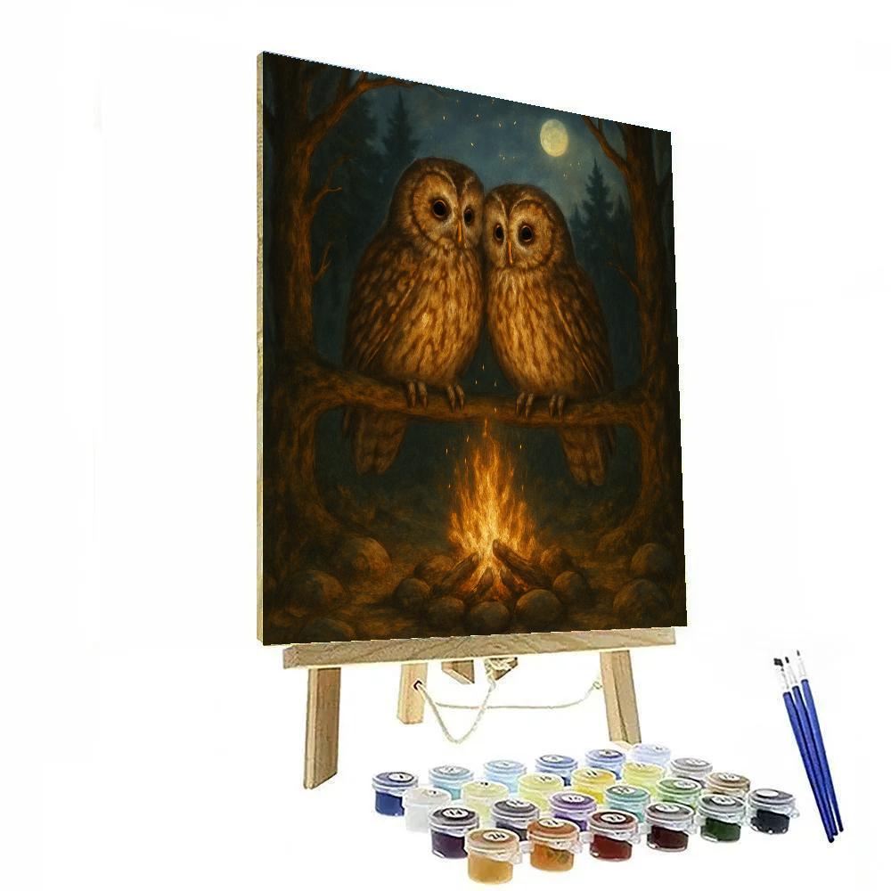 Owls In The Firelit Forest Clearing DIY paint by numbers