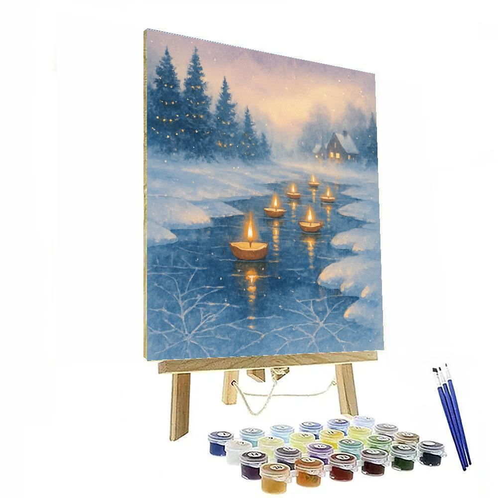 Frosty Lake With Floating Candle Boats painting number kit