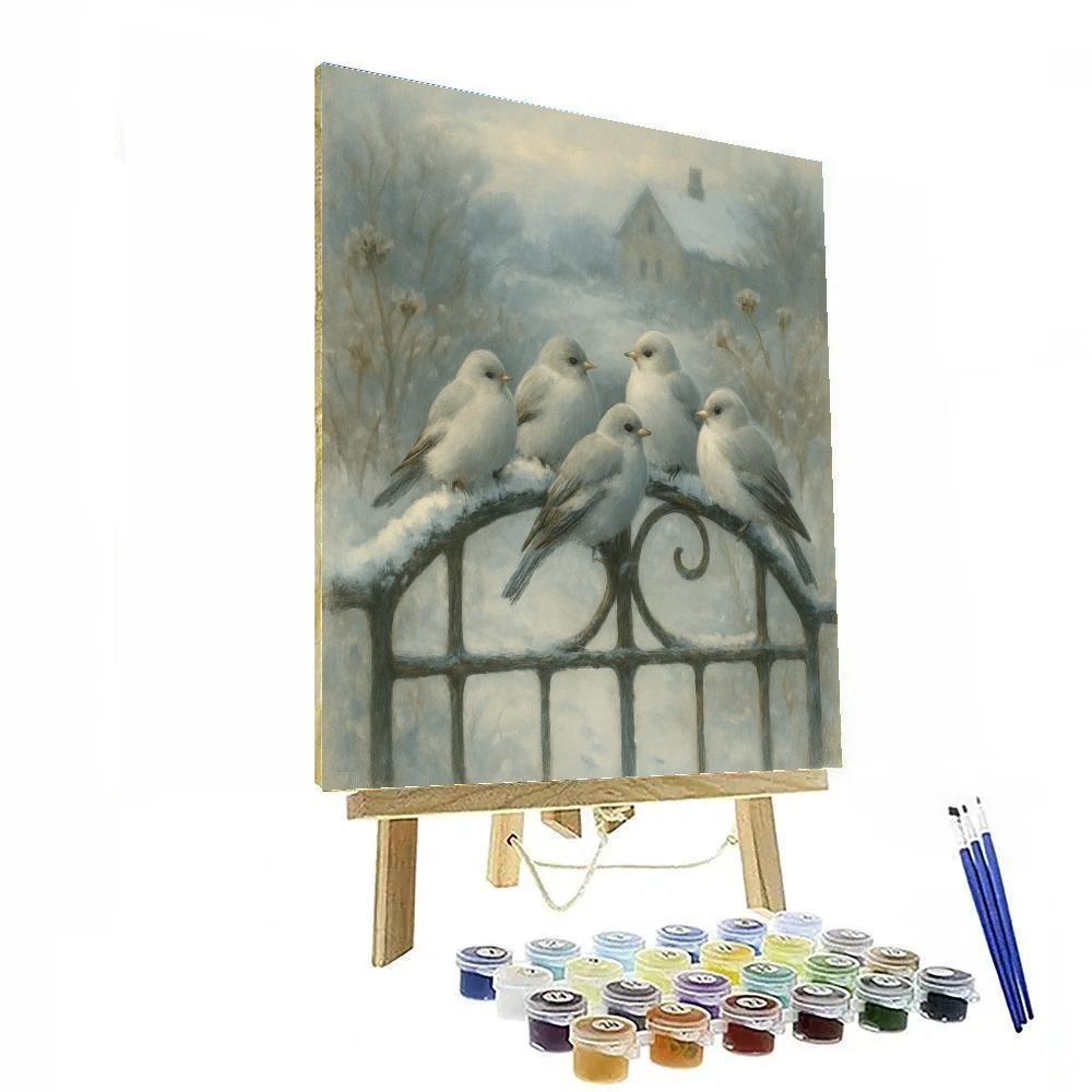 Snowfinches On The Winter Garden Gate Paint by numbers art