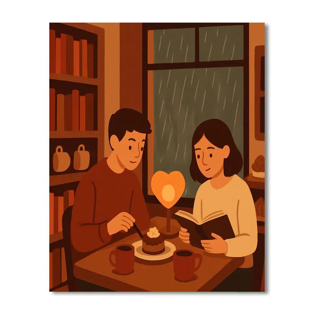 Valentines Day Bookstore Cafe Rainy Window painting number kit