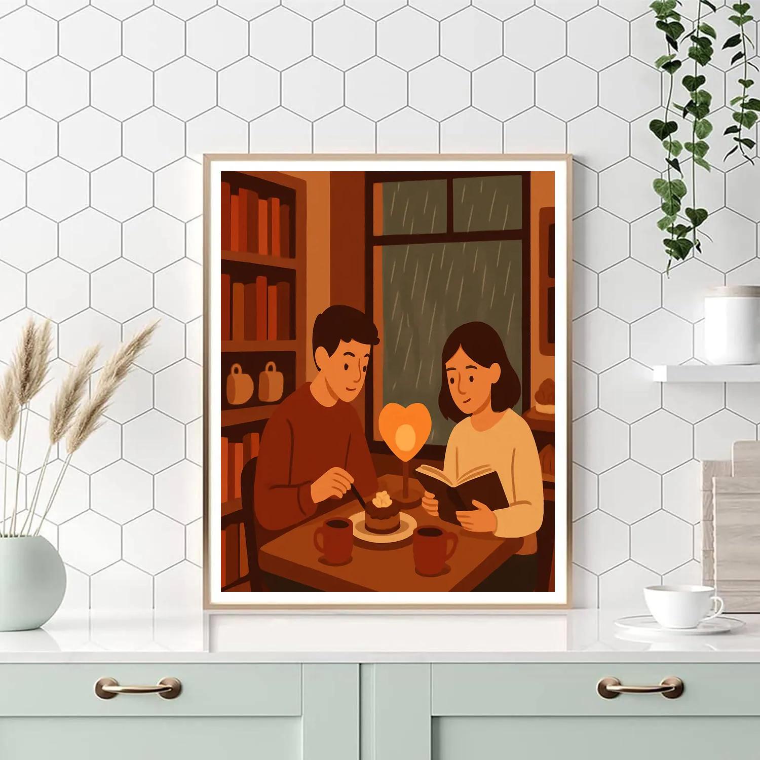 Valentines Day Bookstore Cafe Rainy Window painting number kit