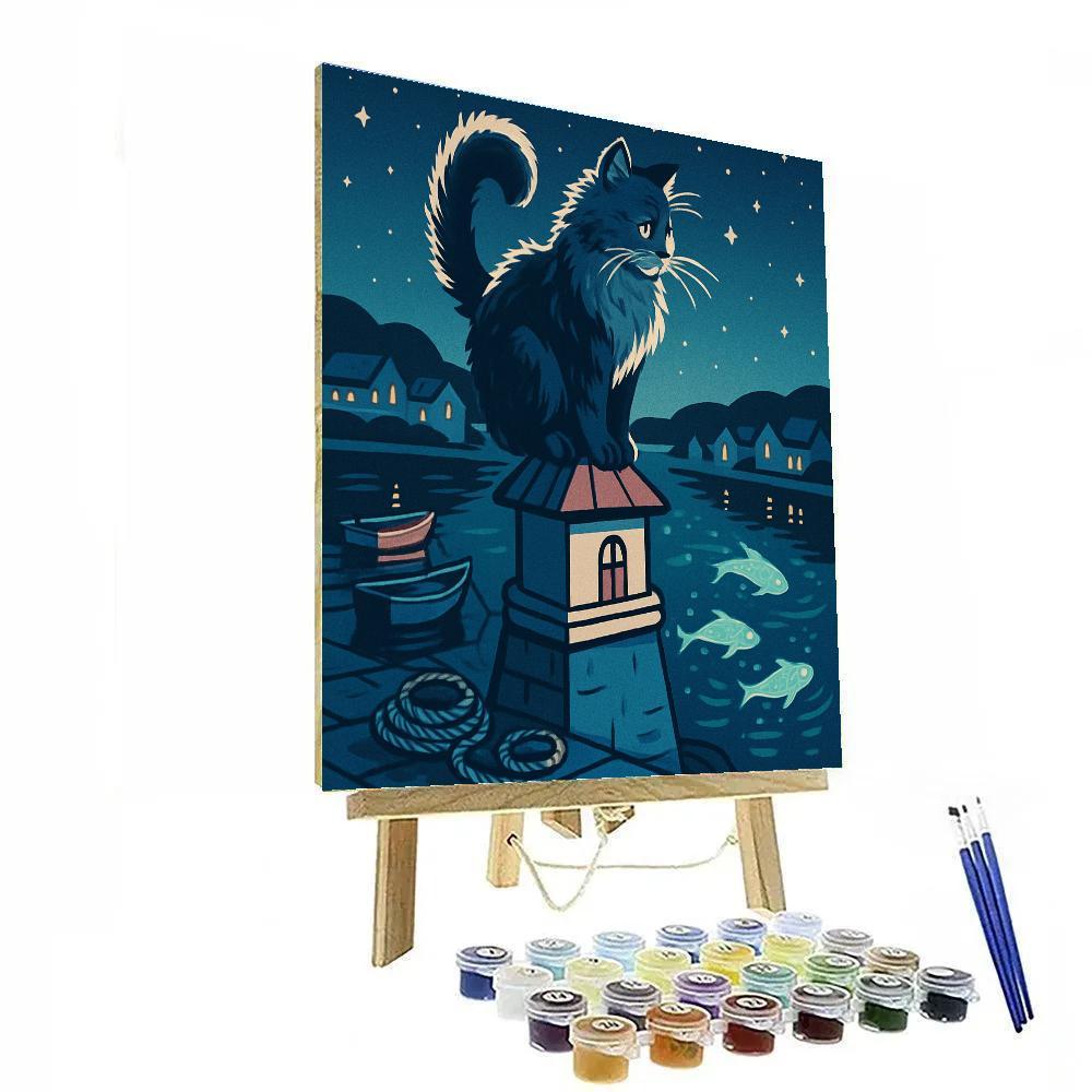 Moonlit Harbor With Cat Lookout paint by color