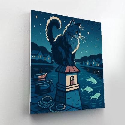 Moonlit Harbor With Cat Lookout paint by color