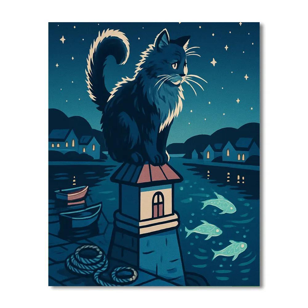 Moonlit Harbor With Cat Lookout paint by color