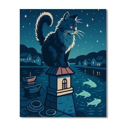 Moonlit Harbor With Cat Lookout paint by color