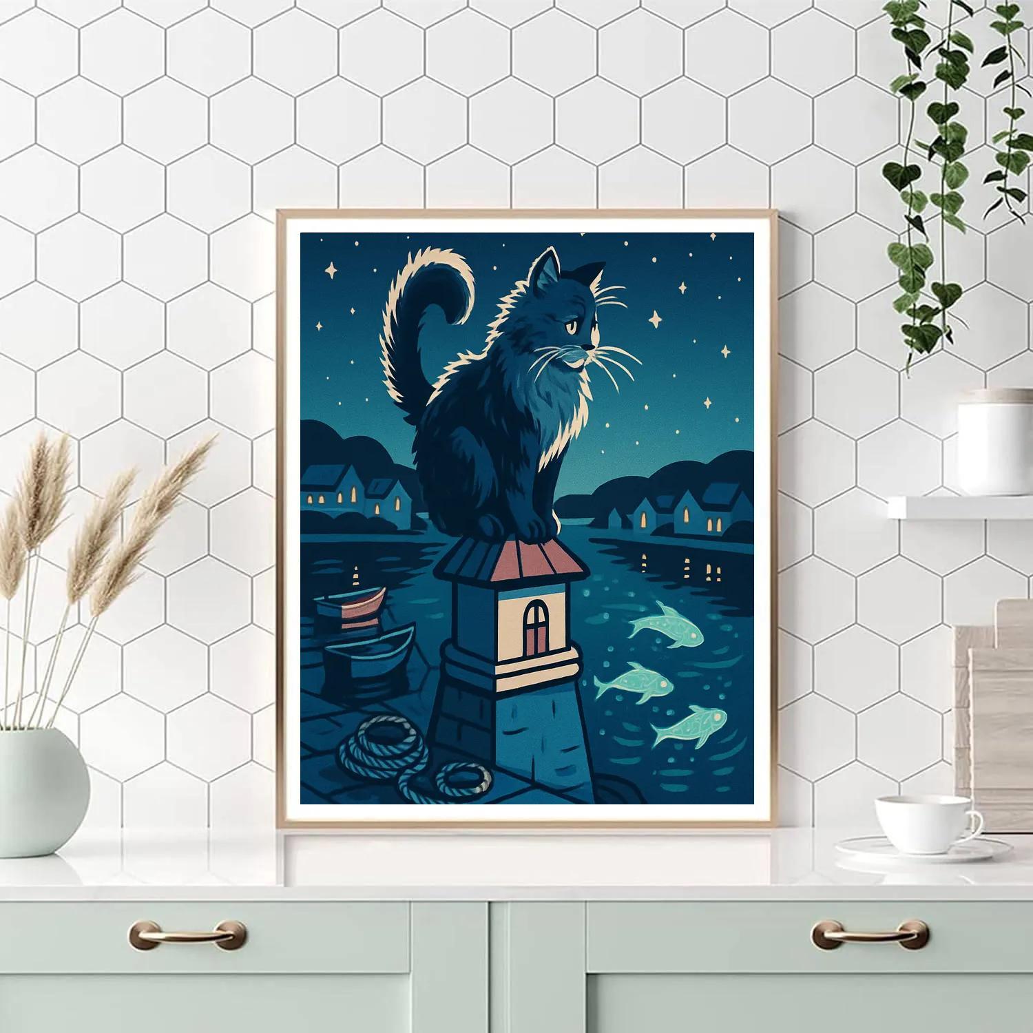 Moonlit Harbor With Cat Lookout paint by color