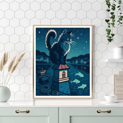 Moonlit Harbor With Cat Lookout paint by color