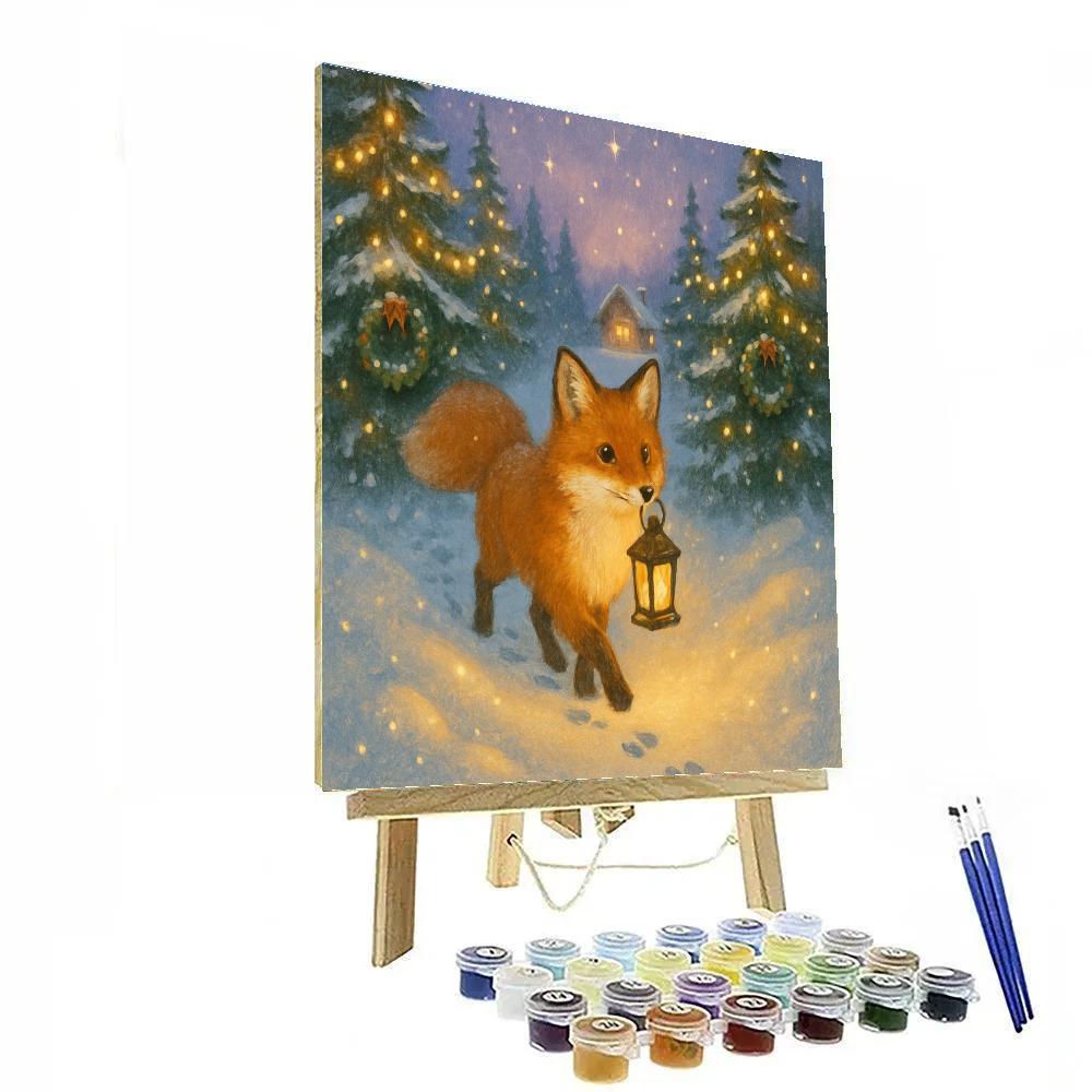 Lantern Fox In The Snowy Evergreen Path Numbered painting kits