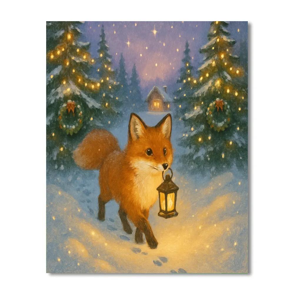 Lantern Fox In The Snowy Evergreen Path Numbered painting kits