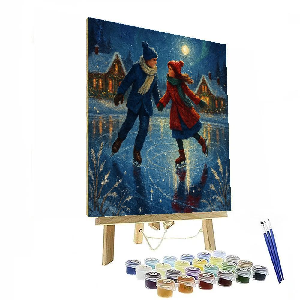 Midnight Skaters On The Frozen Village Pond paint by number