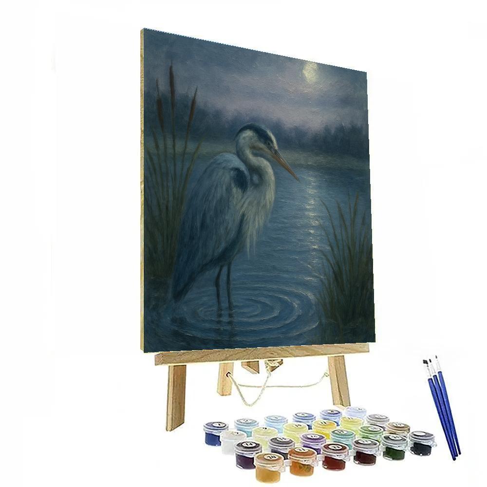 Moonlit Reeds And The Quiet Heron Number painting