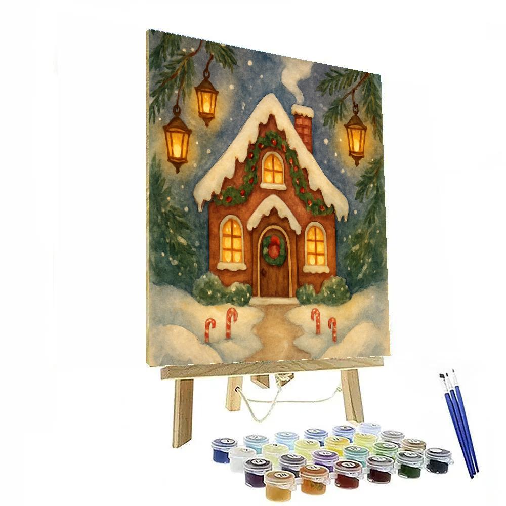 Gingerbread Cottage Under Falling Snow Lanterns Paint by numbers art