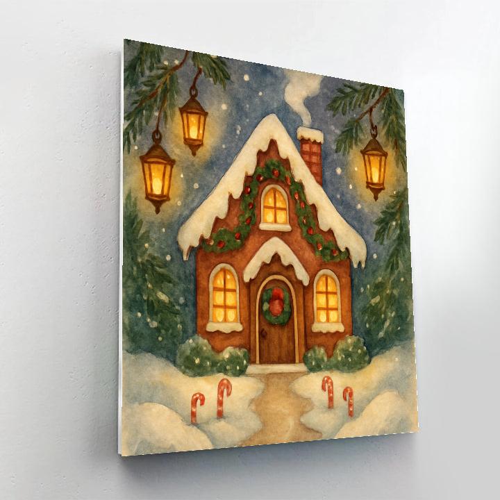 Gingerbread Cottage Under Falling Snow Lanterns Paint by numbers art