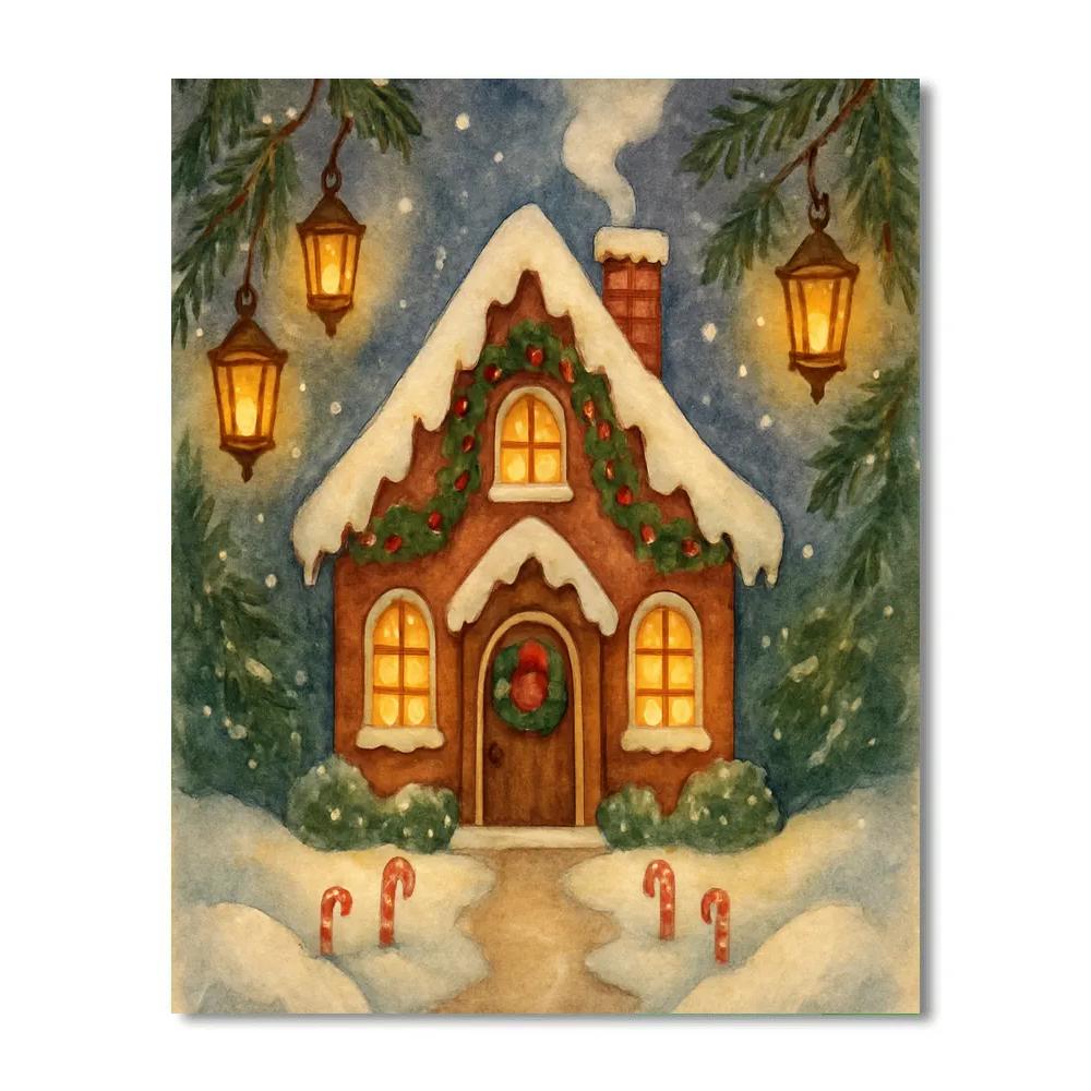 Gingerbread Cottage Under Falling Snow Lanterns Paint by numbers art