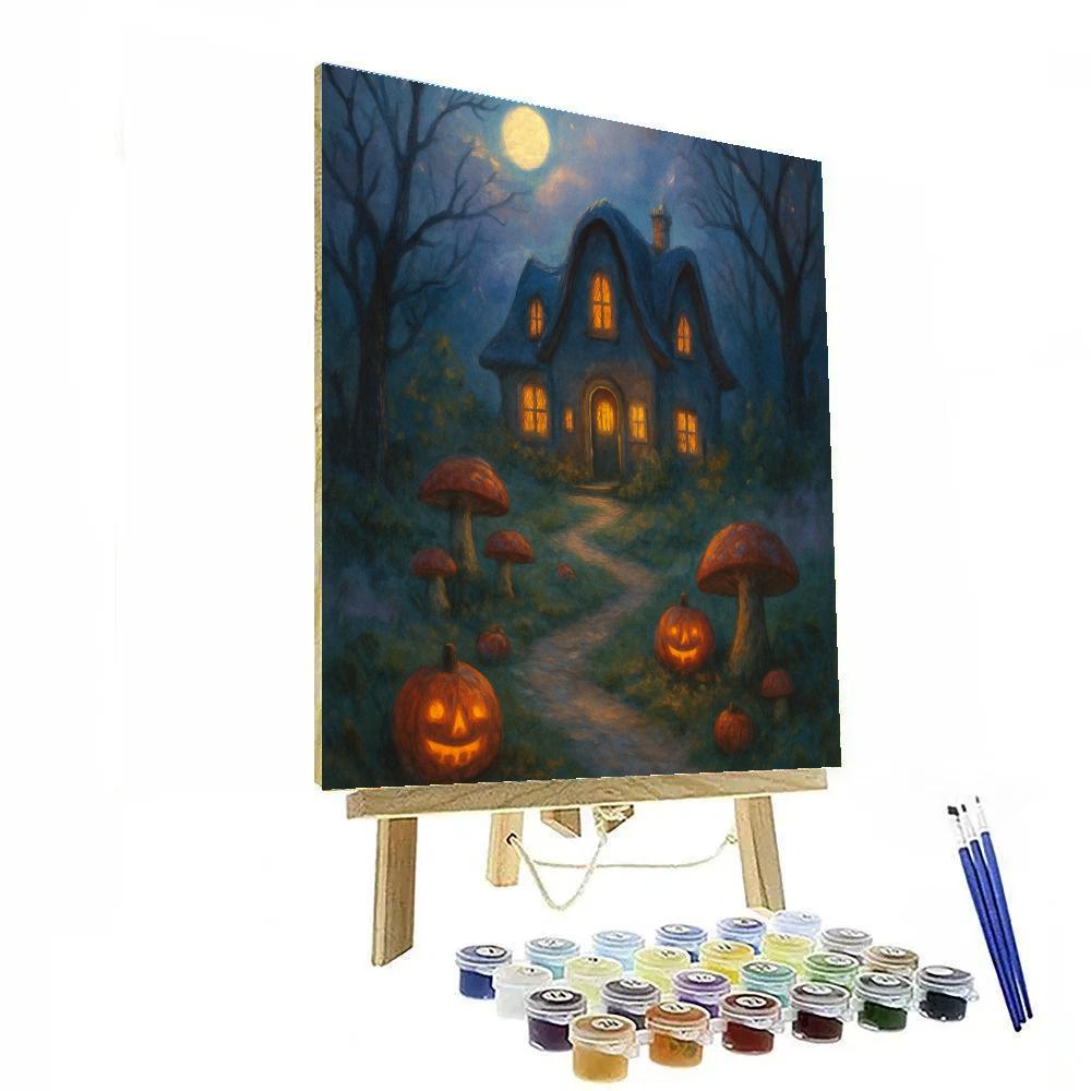 Moonlit Mushroom Path To The Cozy Haunted House paint by number
