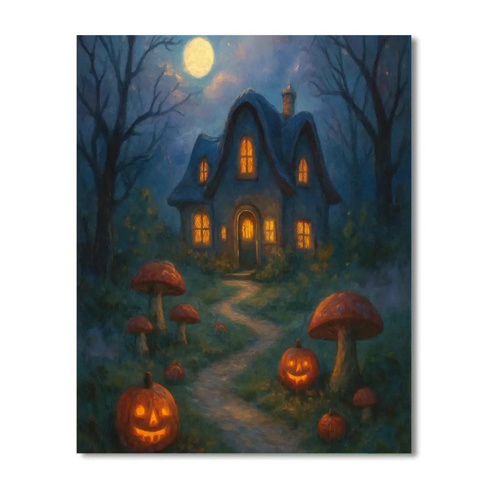 Moonlit Mushroom Path To The Cozy Haunted House paint by number