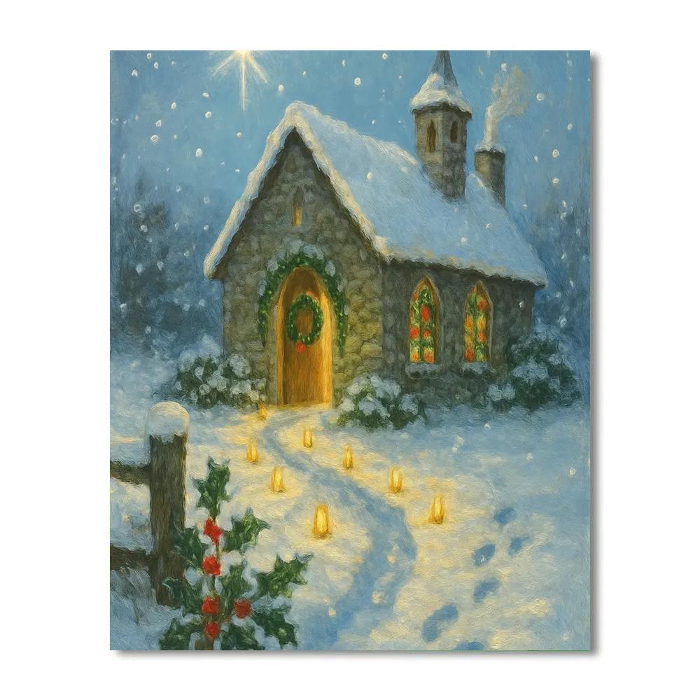 Quiet Churchyard With Candlelit Snow Path Numbered painting kits