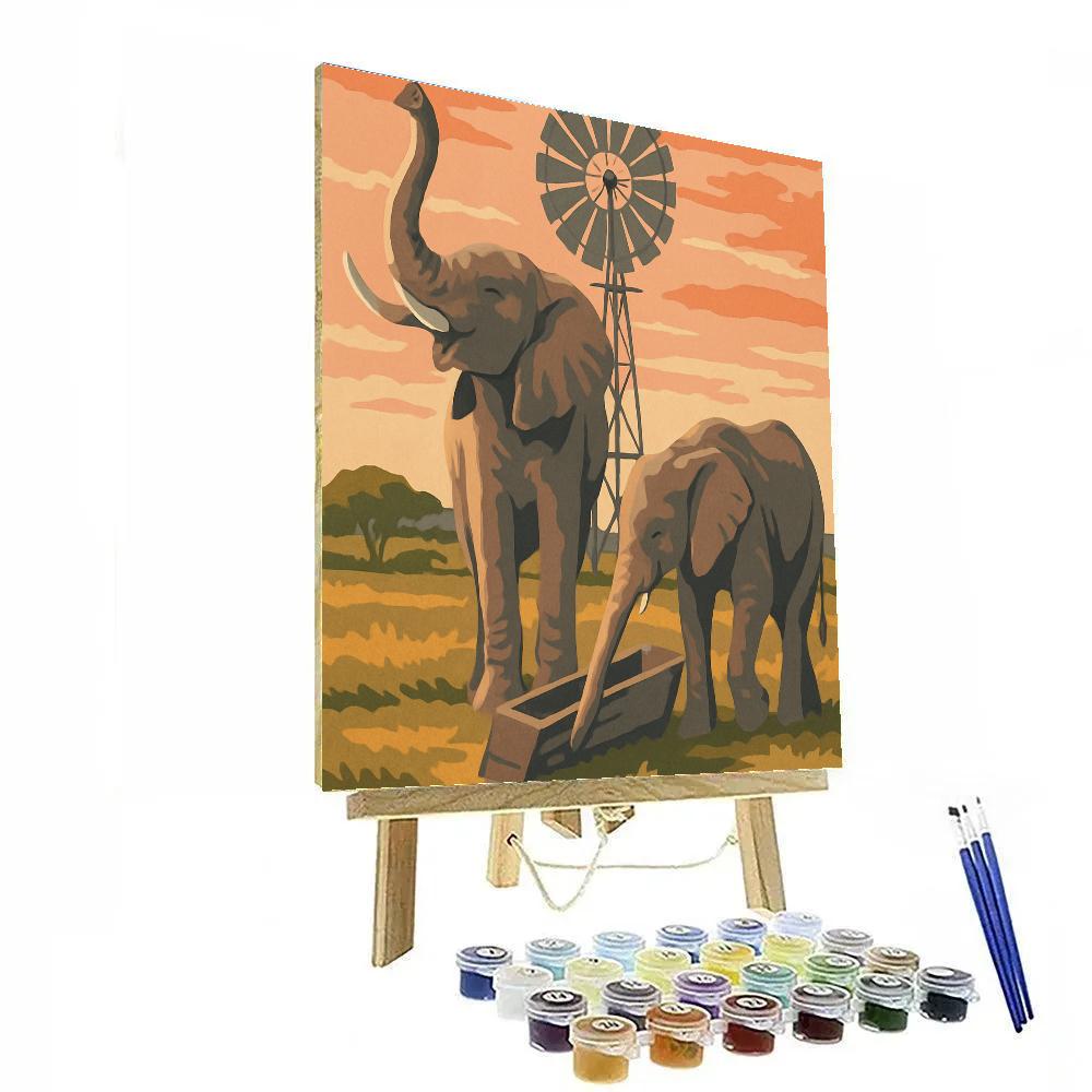 Savannah Windmill With Elephant Guardians paint by number